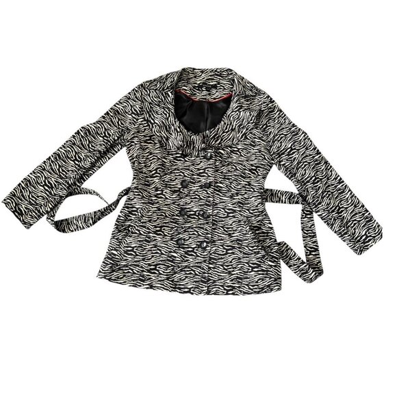 SOLD Sandro Studio Zebra Print Ruffle Collar Belted Trench Coat Large - Picture 3 of 9